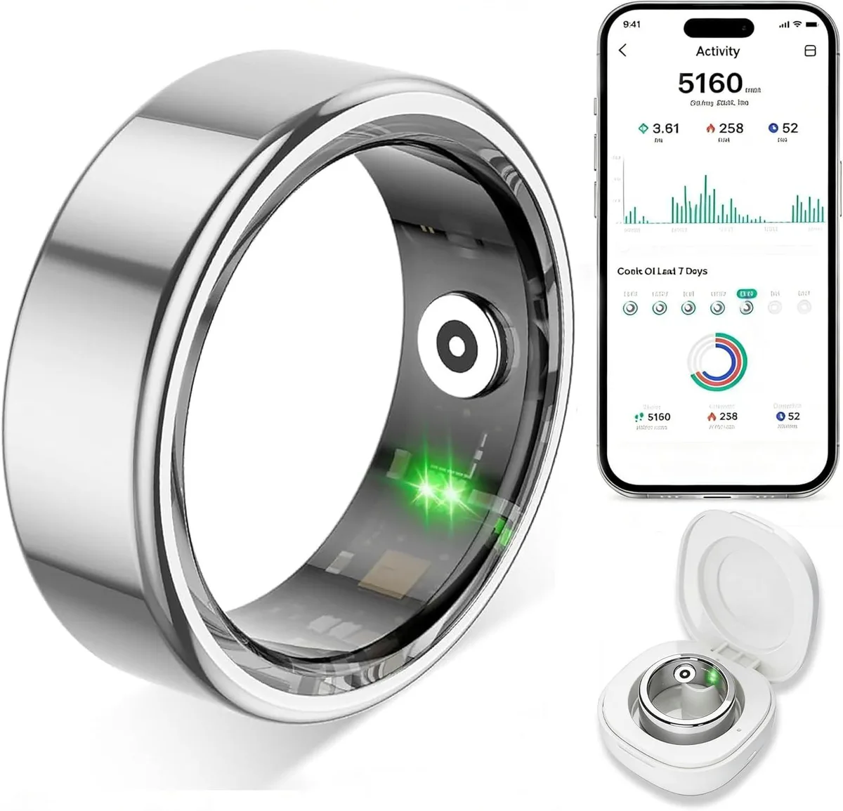 Black smart ring on a plain surface showing a smooth circular band with a matte finish