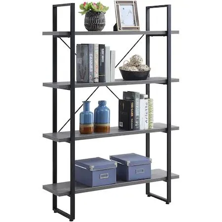 Charcoal steel four-shelf bookcase with metal frame
