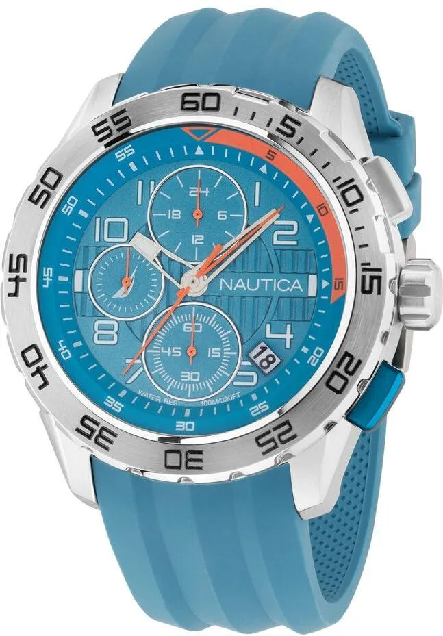 Silver-tone 47mm case, light blue dial, matching blue silicone strap