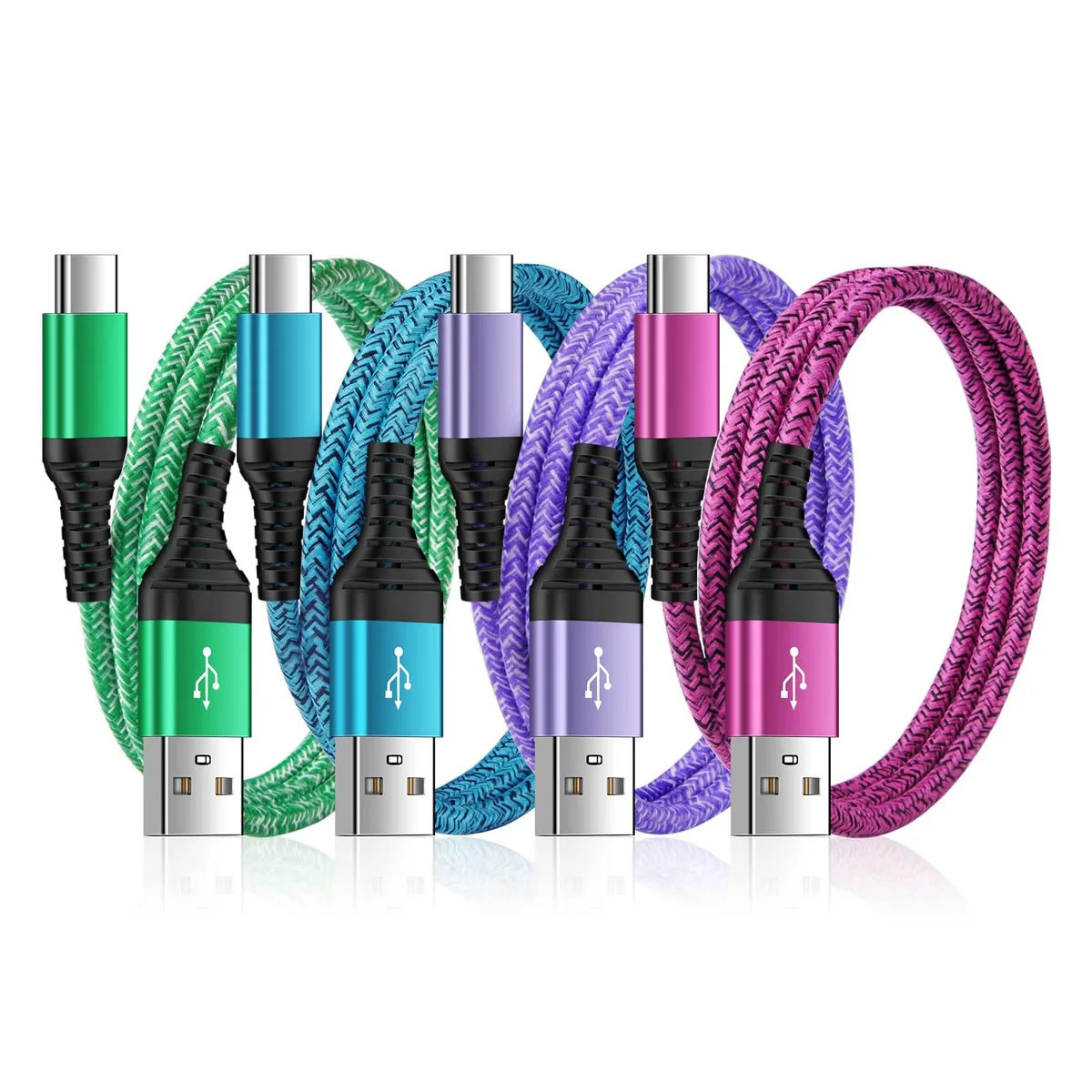 Four three-foot USB-A to USB-C braided cables in green blue purple rose