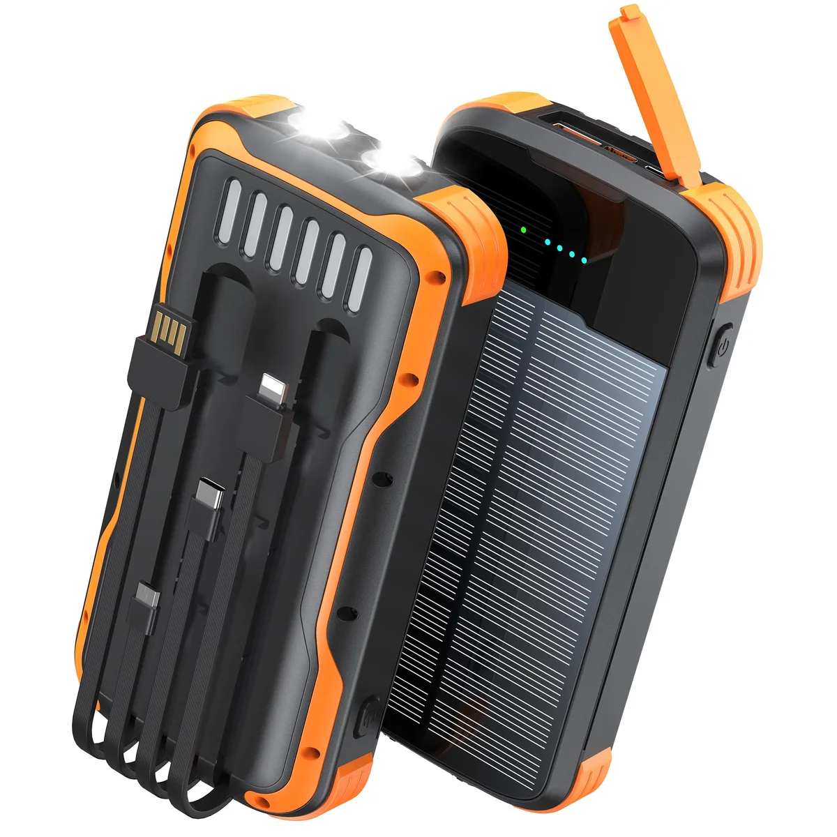 Black-orange rectangular power bank with built-in cables and dual flashlights