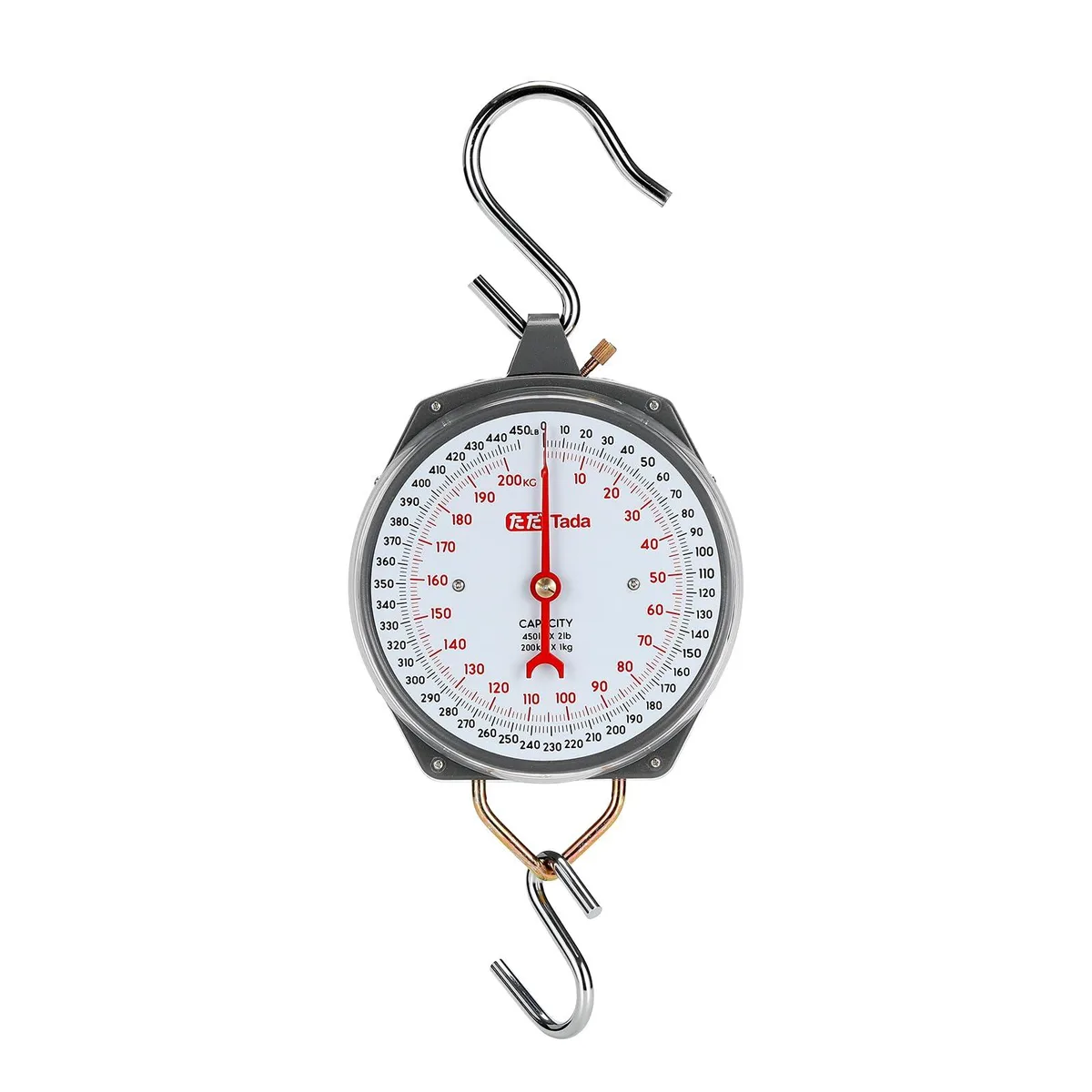 Yellow mechanical hanging scale with large dial and two hooks