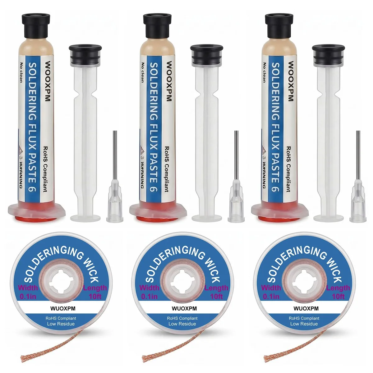  WUOXPM 3 Pack Soldering Flux Paste and Solder Wick Kit — product photo