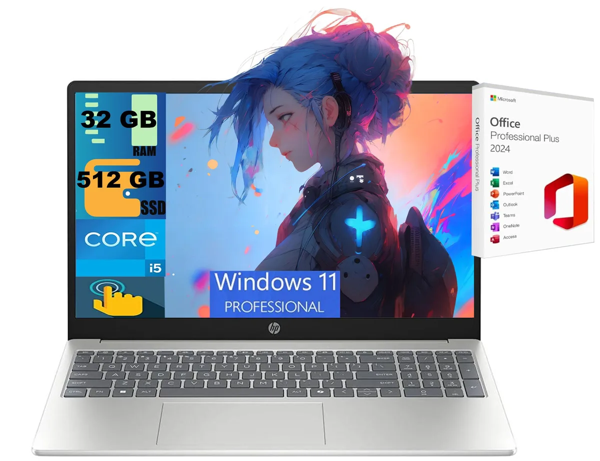 HP HP 15 laptop i5-1334U 10-core UHD 32GB 512GB 15.6" FHD touchscreen Silver Windows 11 Pro Office 2024 — product photo