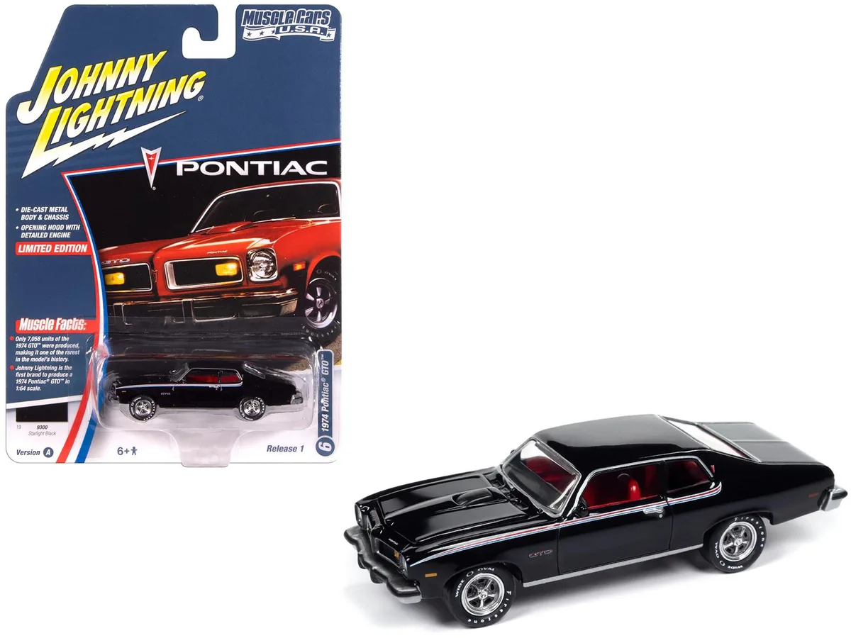 JOHNNY LIGHTNING JOHNNY LIGHTNING 1974 Pontiac GTO Starlight Black Red Interior Muscle Cars USA 1/64 Diecast hobby collectible — product photo