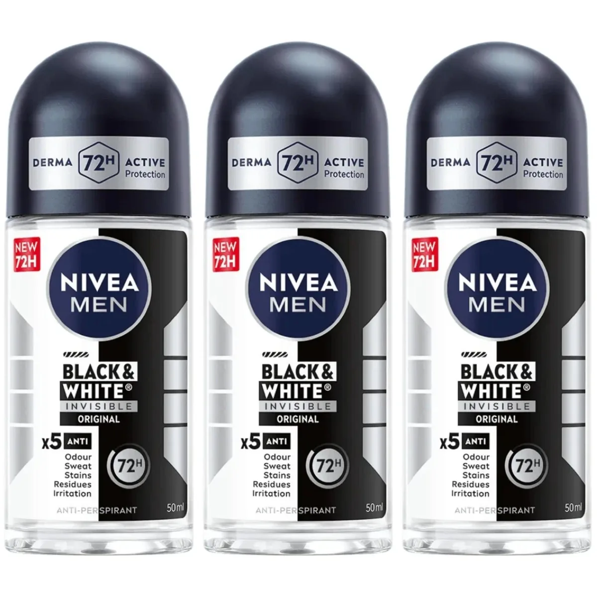Nivea Nivea Men Black &amp; White Roll-On Deodorant 50 ml 3-Pack NIVE-ROL-BLWHT-5003 Skin Care — product photo