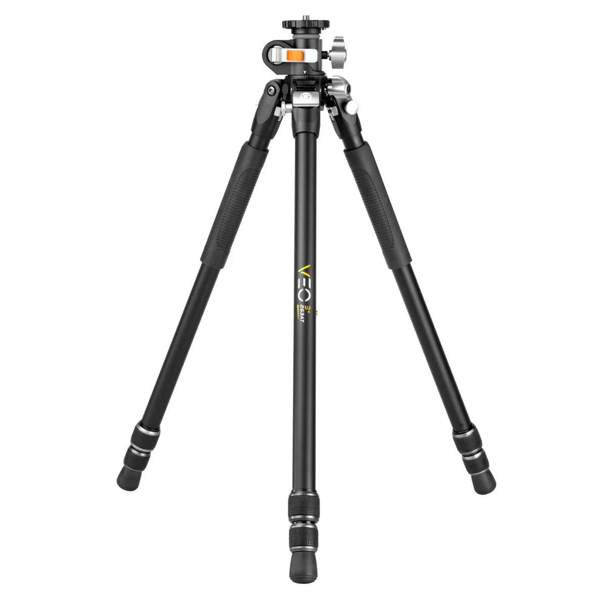 Black aluminum three-section camera tripod with multi-angle center column, folded to 26.1 inches