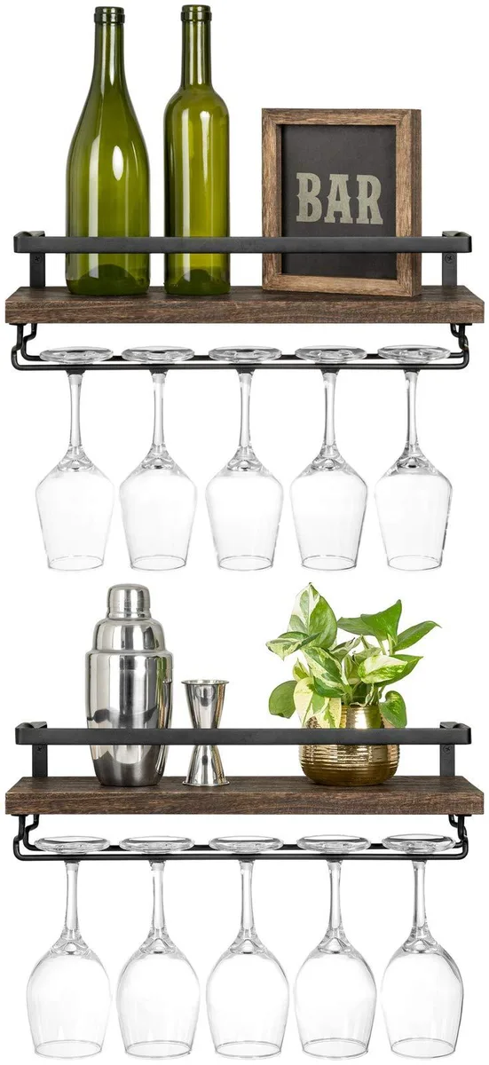 Two rustic wood shelves with metal bottle cradles and stemware hangers, wall mounted, 17 inch