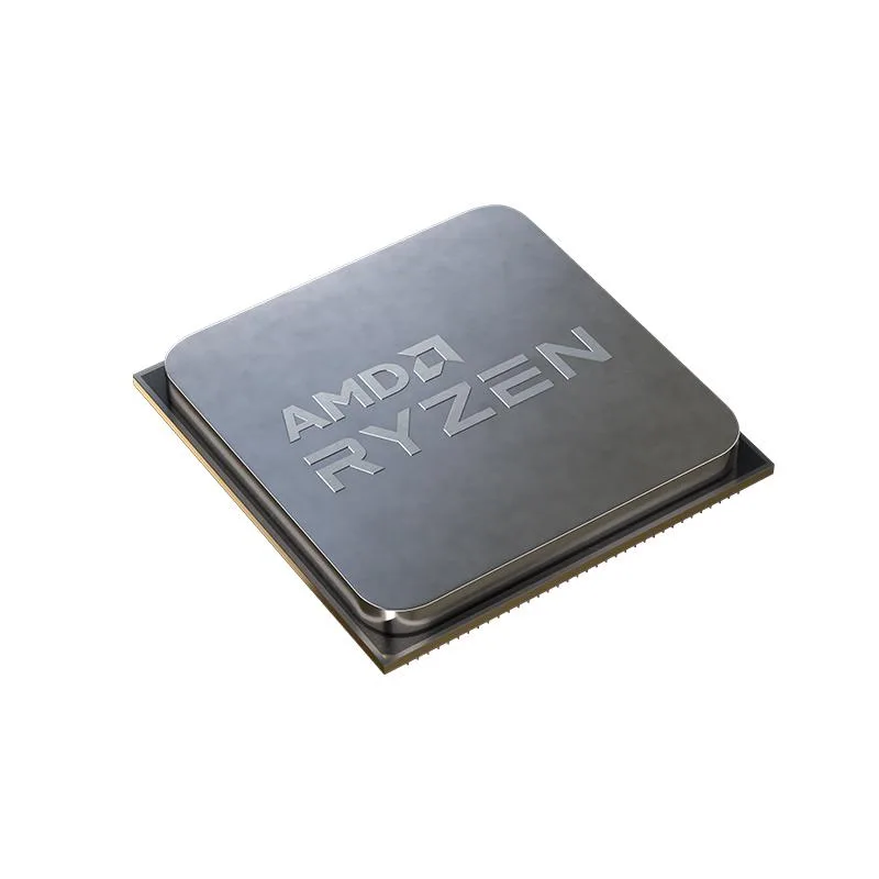 Square green ceramic CPU with gold contact pads and silver metal heat spreader engraved with Ryzen 5 5600