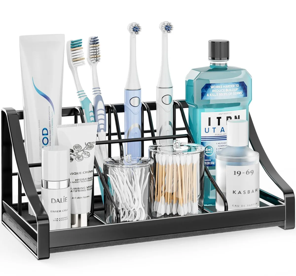 Black rectangular bath organiser with seven vertical slots and a stone drying pad