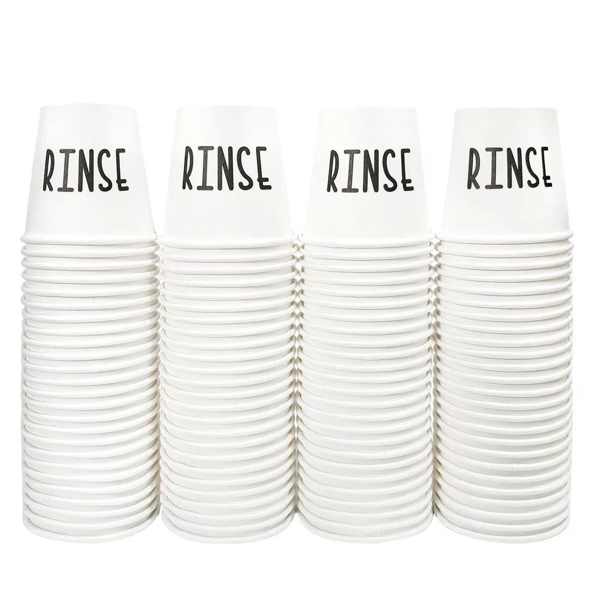White 3 oz paper cups printed with RINSE, 100 count in four bags of 25