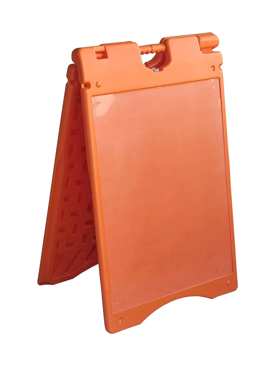 Orange A-frame sandwich board with PVC sign protectors and built-in handles