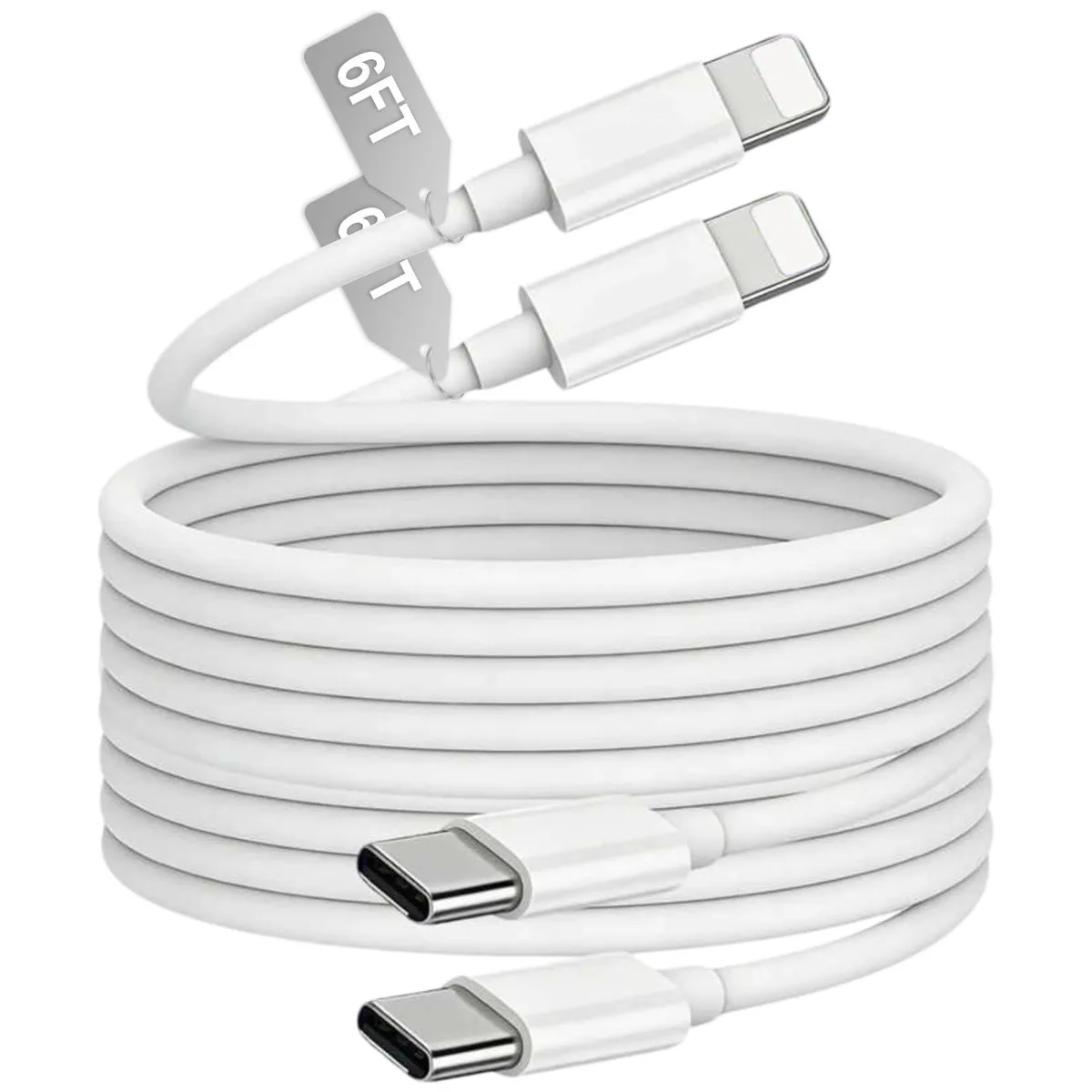 Two white USB-C to Lightning cables, 6.6 ft each, male-to-male connectors, coiled