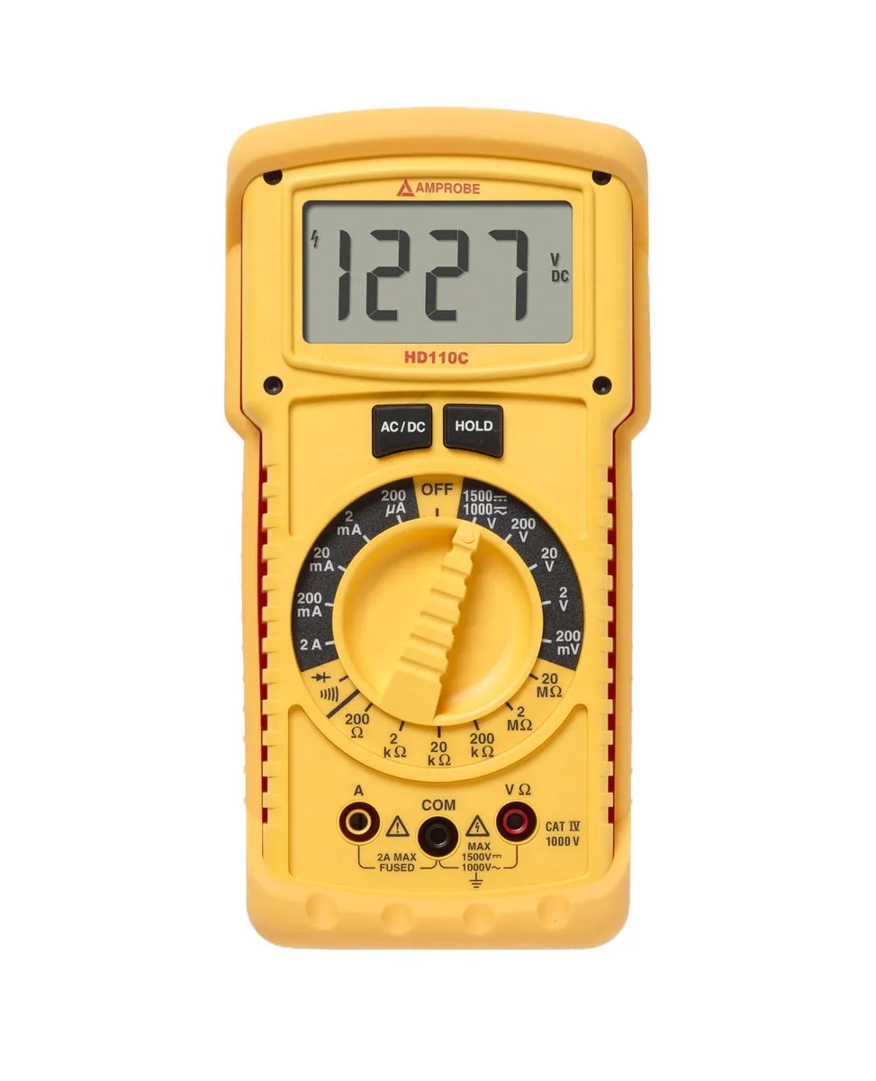 Yellow rugged digital multimeter with LCD display and holster, test leads attached