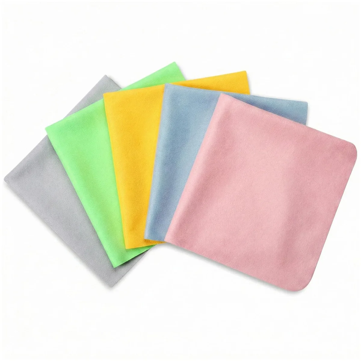 Five 12-inch square microfiber cloths in yellow, light green, grey, pink and blue