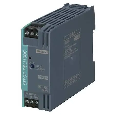Compact grey plastic DIN rail power supply unit with green LED indicator and screw terminals