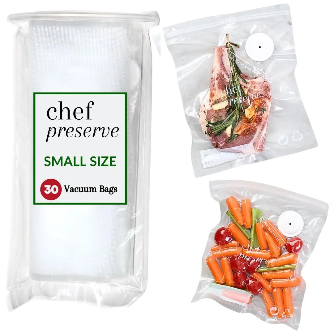 Stack of thirty transparent reusable vacuum-sealer bags, 8 by 10 inches