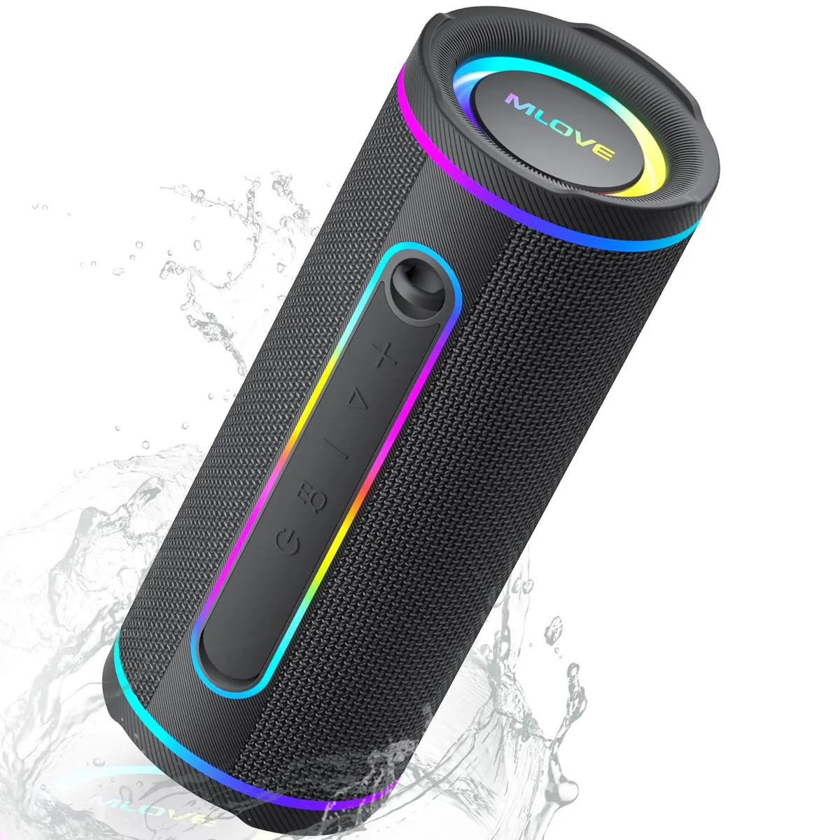 Compact black rectangular speaker with fabric wrap, RGB light ring, carry strap and rubberised controls