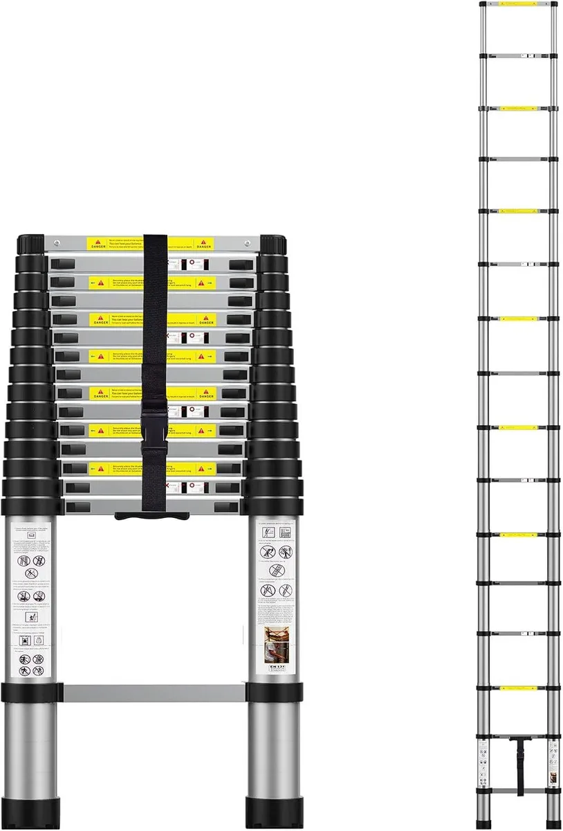 Silver telescopic aluminium ladder collapsed in carry bag