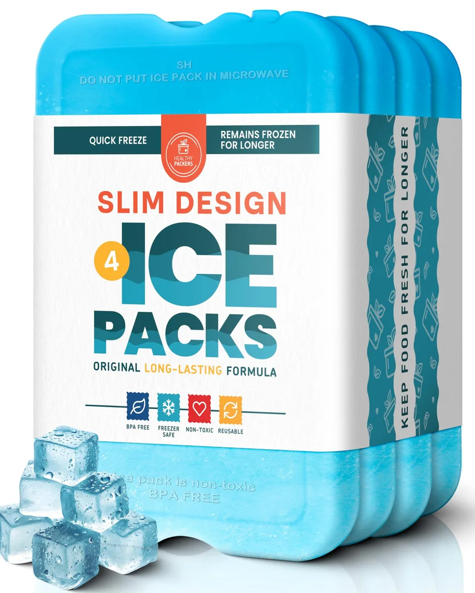 Four slim red silicone ice packs in a set