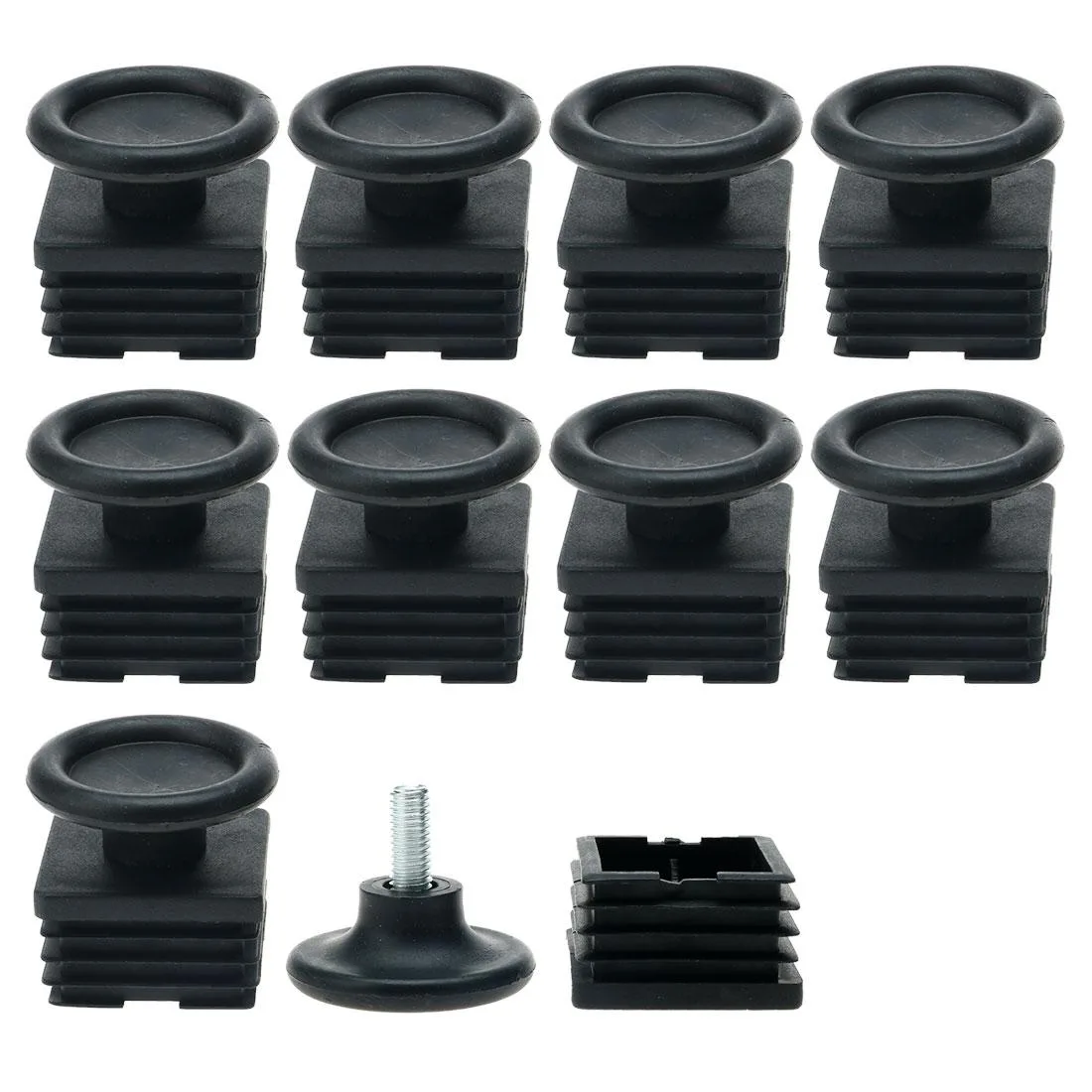Ten sets of black square tube inserts with adjustable threaded feet for 40mm furniture legs