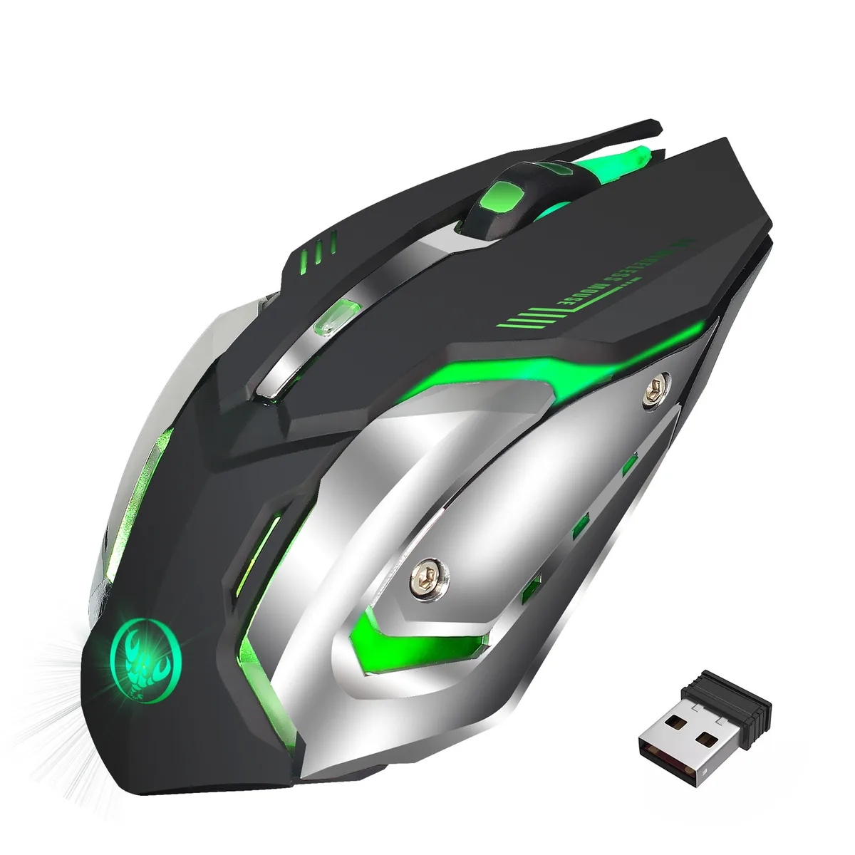 Black ergonomic wireless gaming mouse with six buttons and breathing backlight