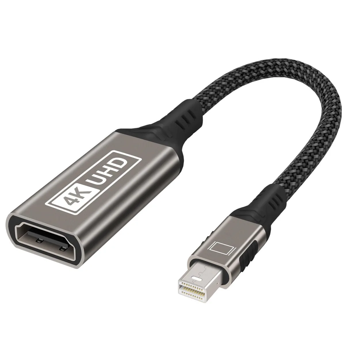 Black Mini DisplayPort to HDMI adapter with braided cable and aluminium ends