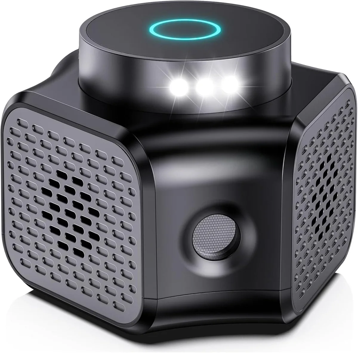 White rectangular plug-in pest repeller with front speaker grille and mode button