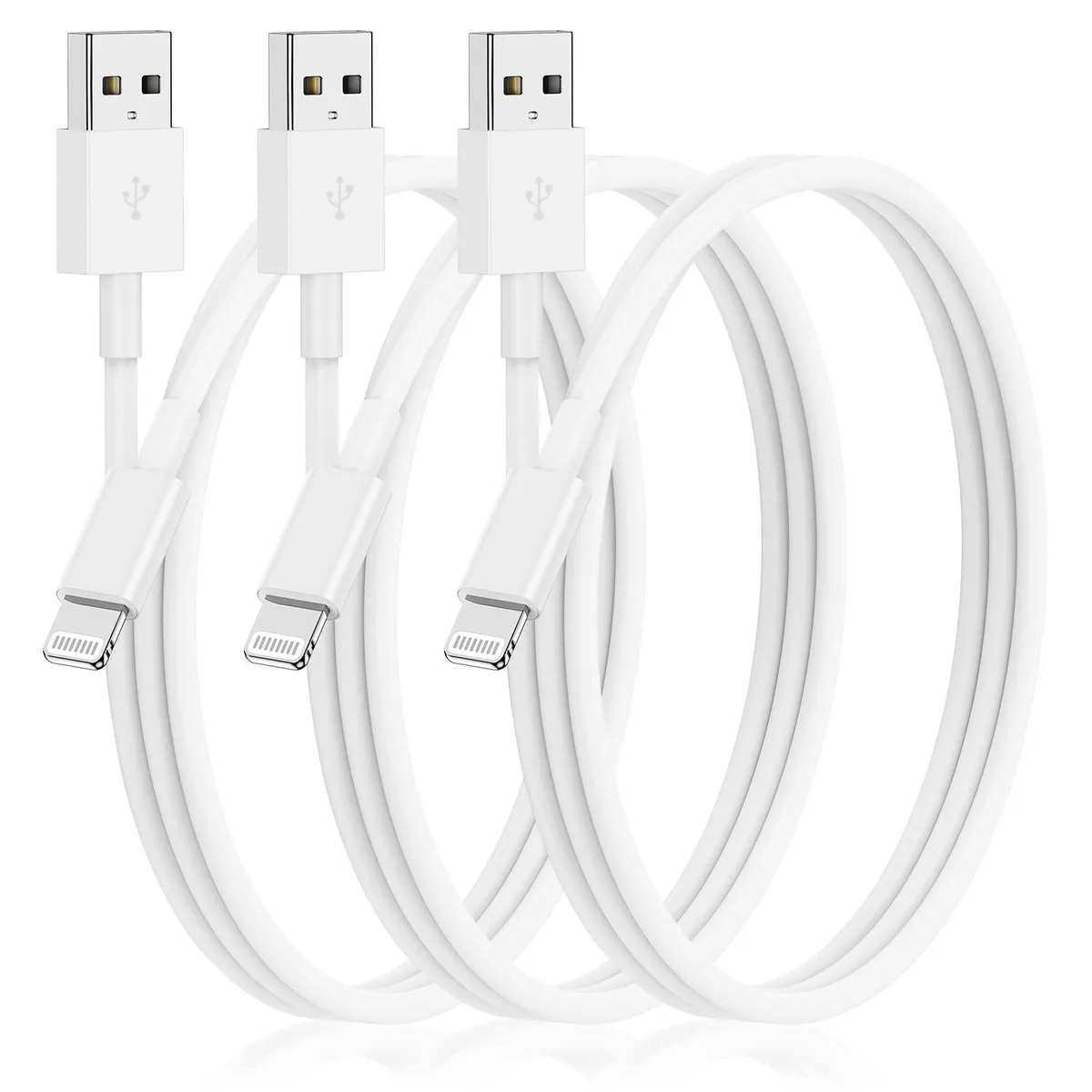 Three white USB-A to Lightning cables coiled together, each three feet long