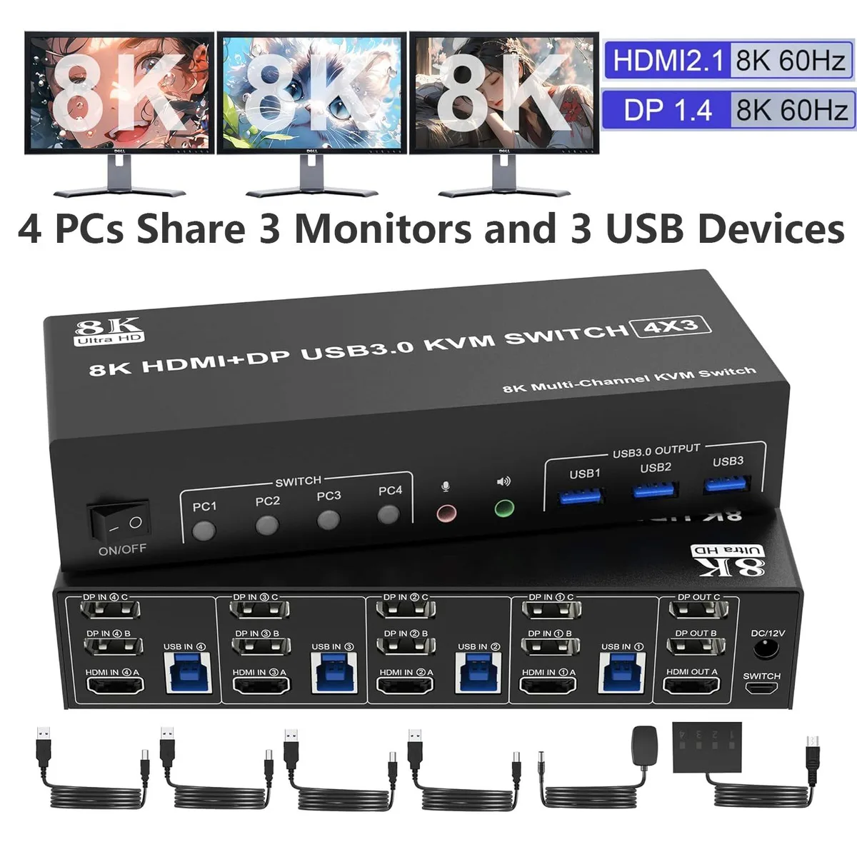 IHDAPP IHDAPP 8K@60Hz 4K@144Hz KVM Switch 3 Monitors 4 Computers 2 DP + HDMI 3 USB 3.0 Audio — product photo