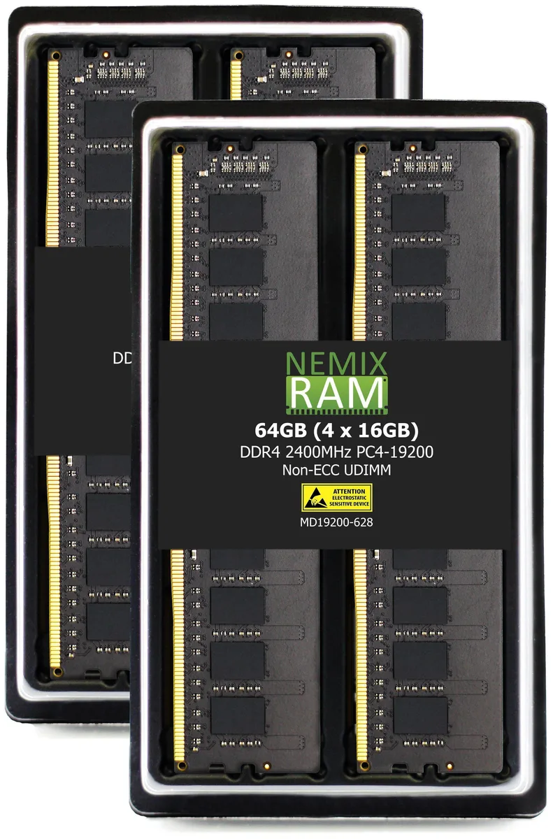 NEMIX RAM NEMIX RAM 64GB (4x16GB) DDR4 2400MHz PC4-19200 CL17 2Rx8 1.2V 288-Pin UDIMM memory upgrade — product photo