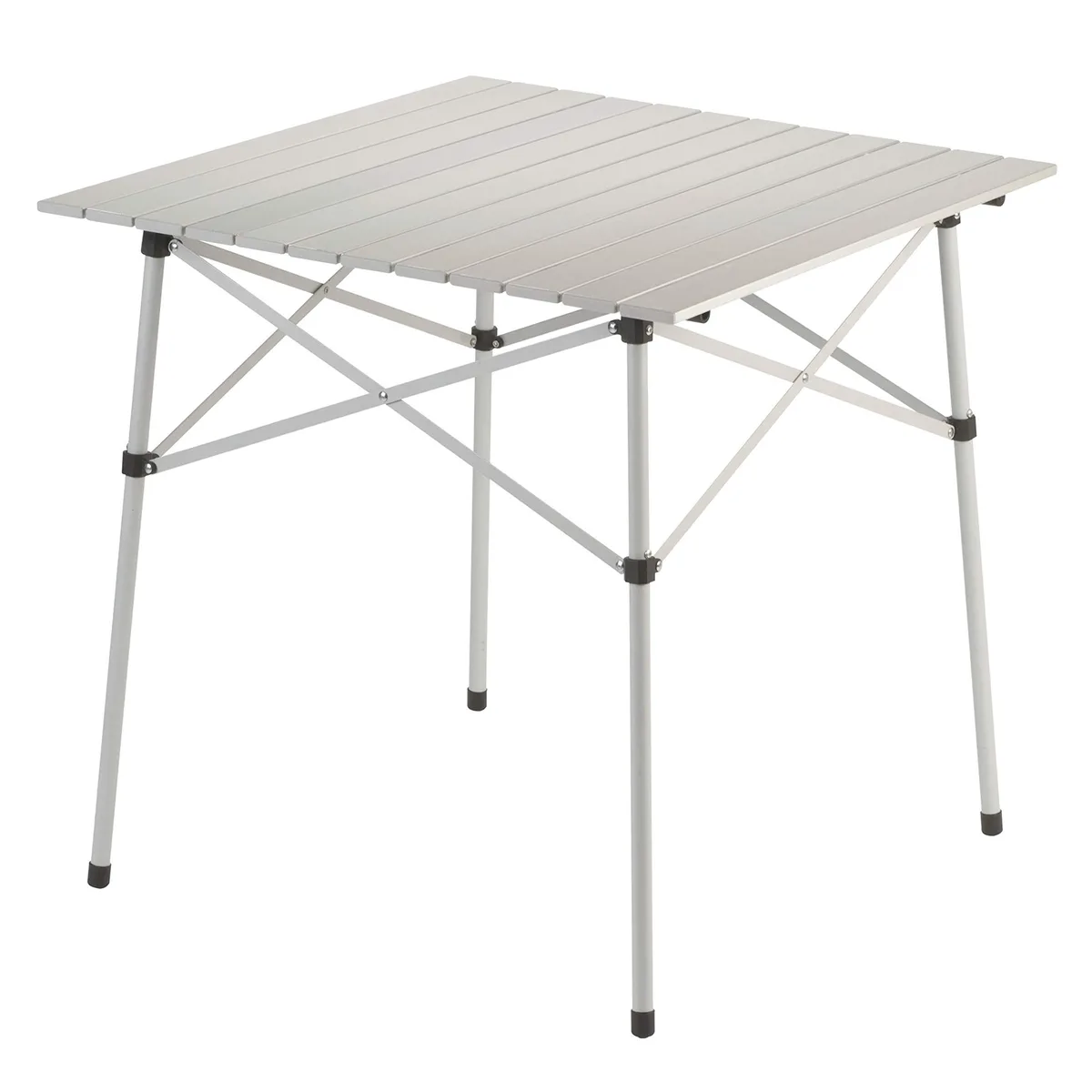 Black square folding table with rolled aluminum slat top and steel frame, folded flat showing carry bag