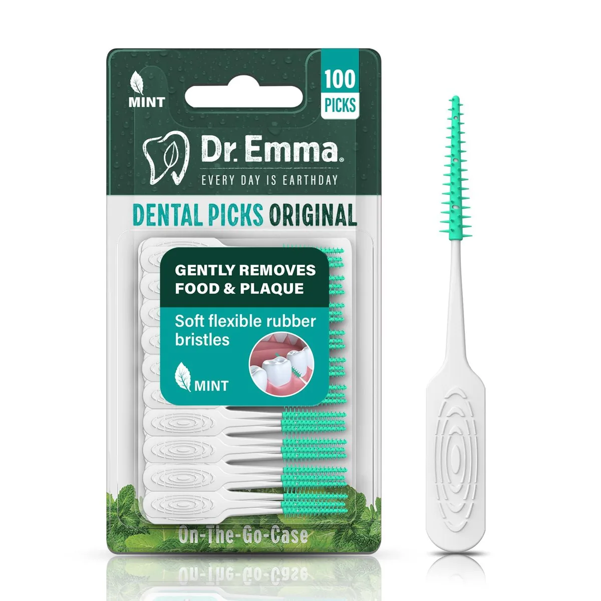 White box with mint-green accents containing 100 soft rubber dental picks and a portable case