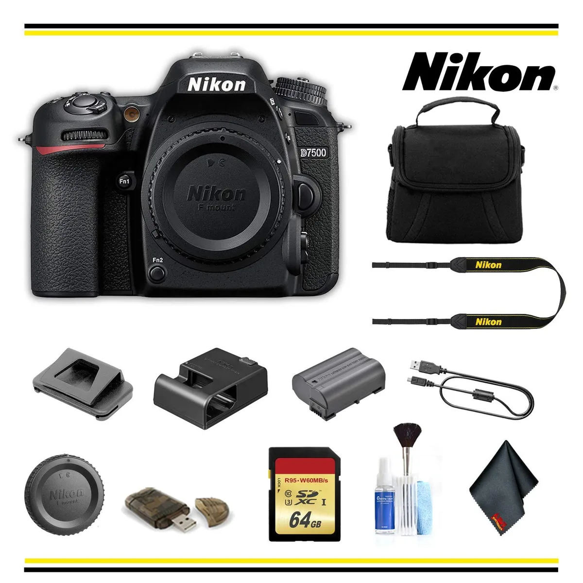Black Nikon D7500 DSLR body with tilting 3.2 inch LCD, bundled with padded case strap 64GB SD card reader cleaning kit