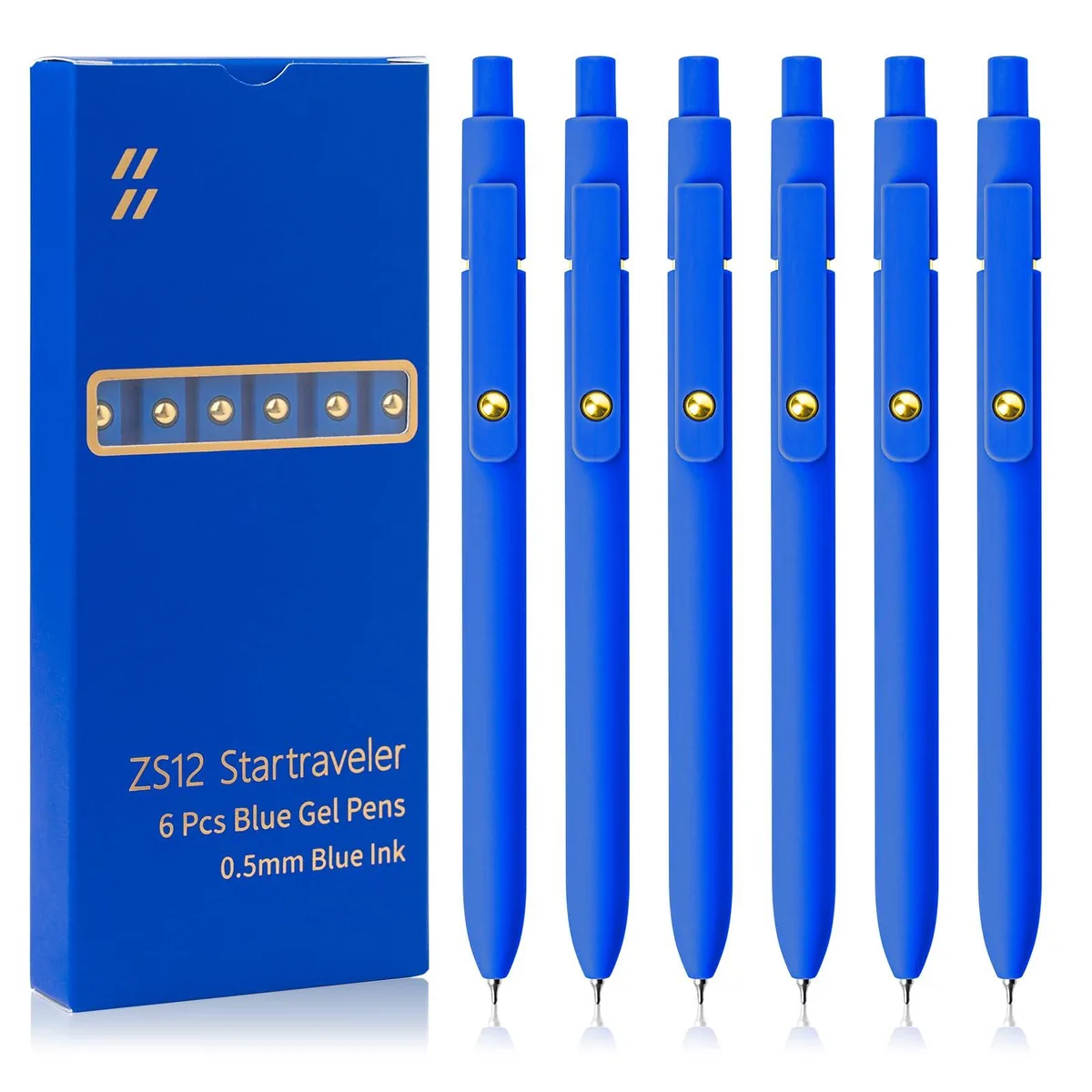 Six blue gel pens with gold clips and leather finish