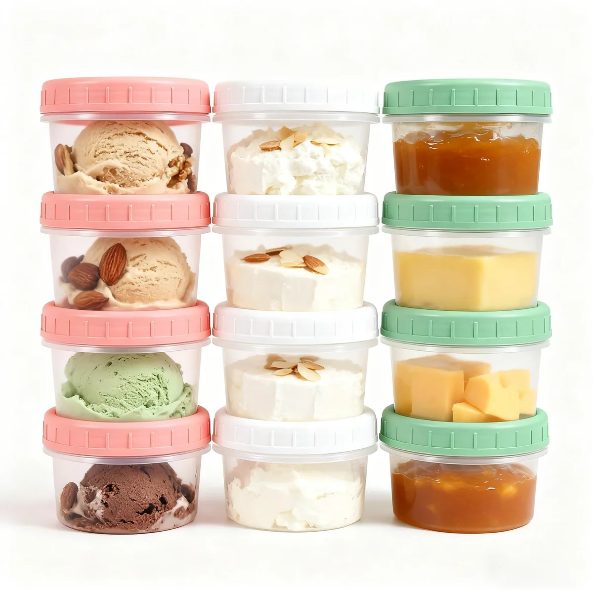 Twelve small red plastic containers with clear bases and red twist-top lids stacked together