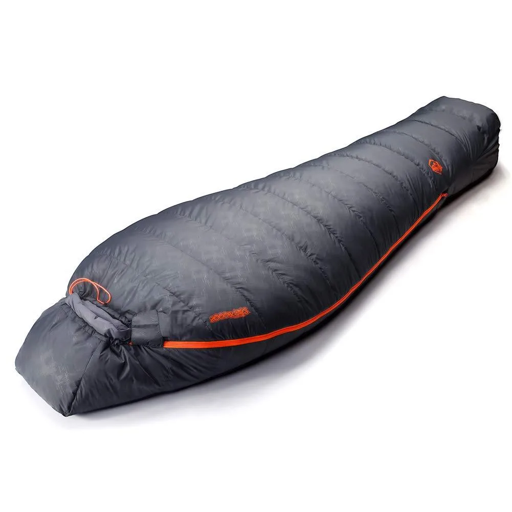 Beige mummy sleeping bag with gray right-side zipper, nylon shell, compression straps