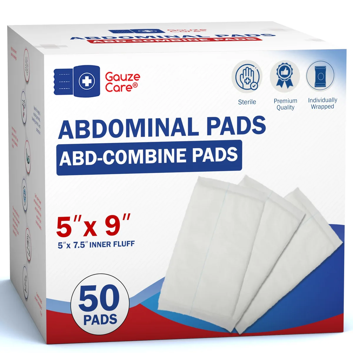  GauzeCare Sterile ABD Combine Pads 50-Pack 5x9 Inch First Aid — product photo