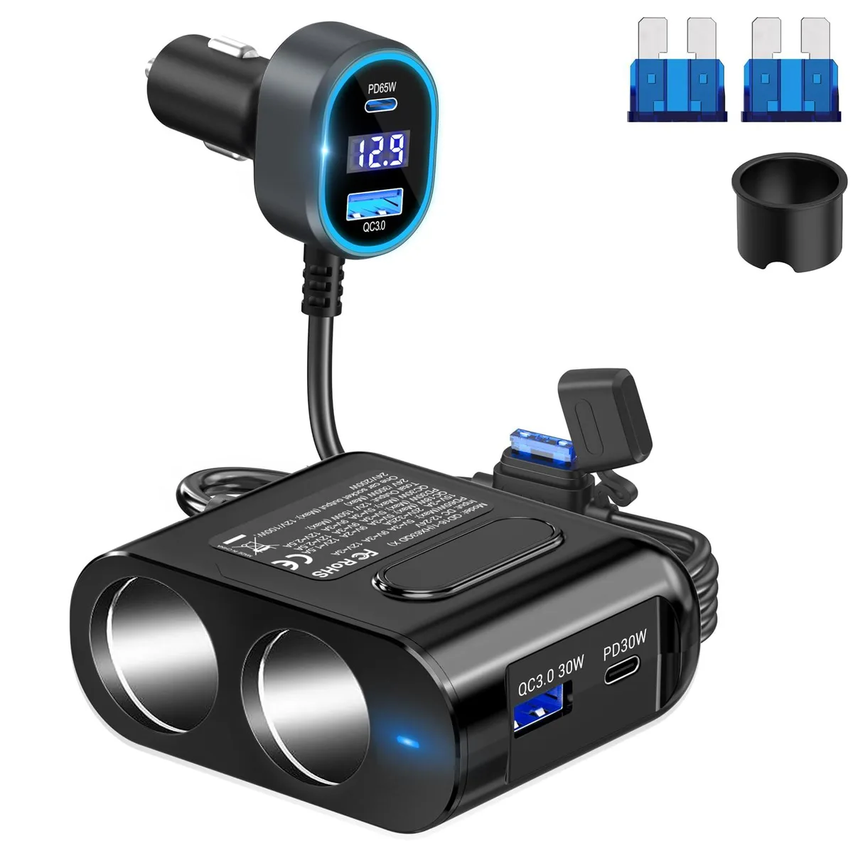  TESSAN 6-in-1 Car Charger 12V/24V 300W 65W PD Grey — product photo
