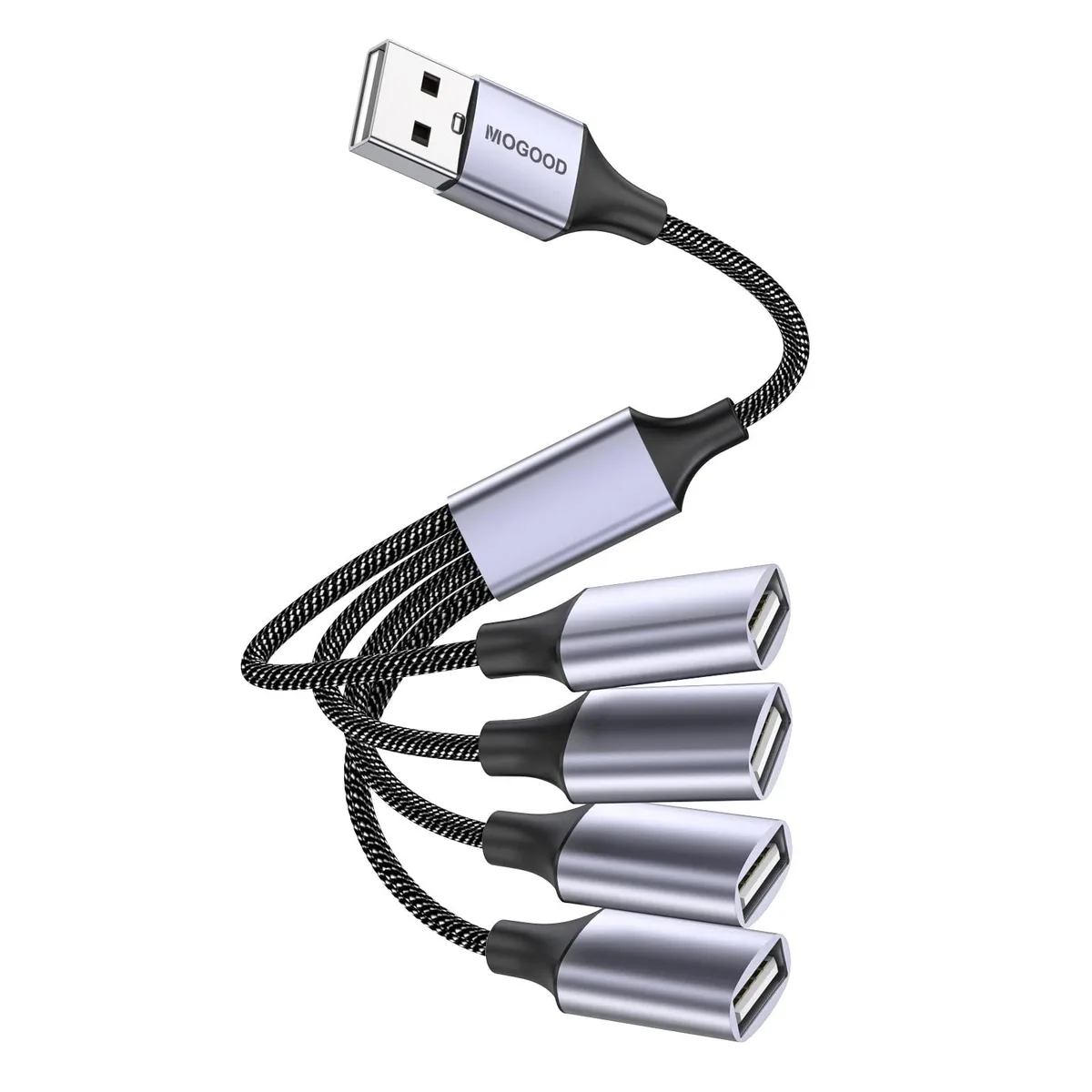 Grey four-port USB 2.0 splitter cable with short leads