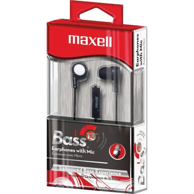maxell Maxell B-13 Bass Earbuds with Microphone, Black, 52" Cord 199621 — product photo