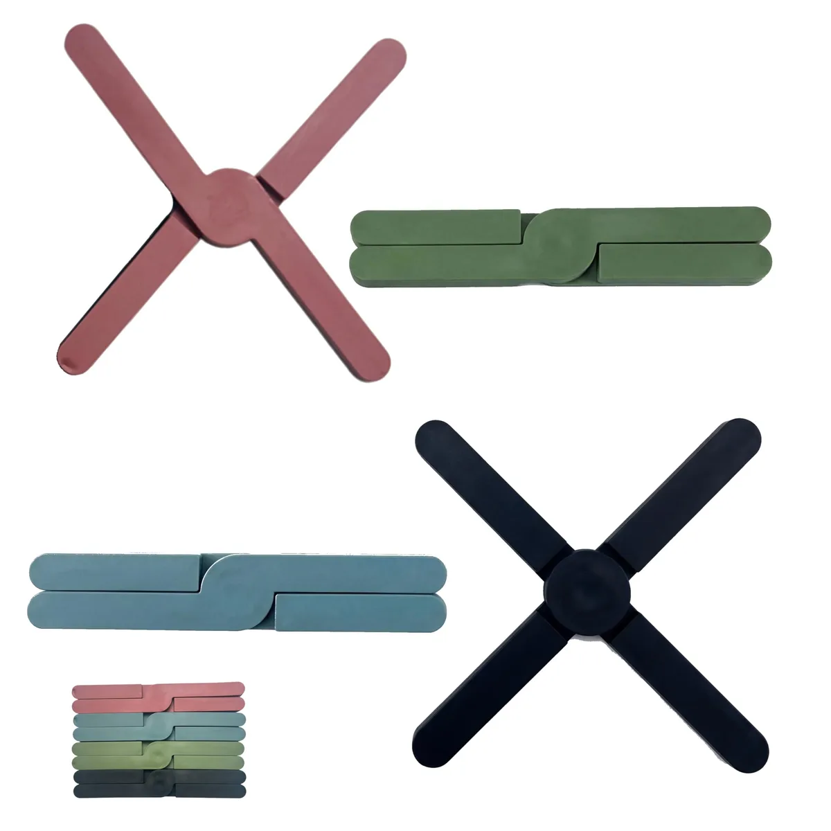 Four folded silicone trivets in a stack, heat-resistant to 500°F/260°C