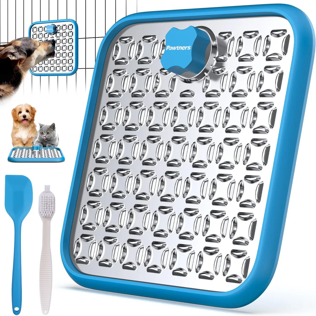 Square stainless steel lick mat with textured surface, blue spatula and brush