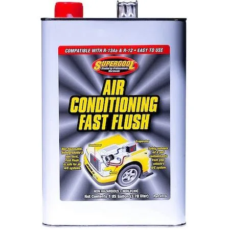 Yellow liquid A/C flush solvent in a one-gallon metal can