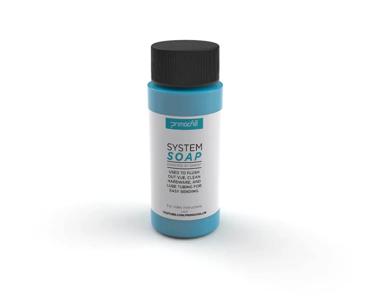 White plastic bottle with black cap and label, liquid soap for water cooling loops