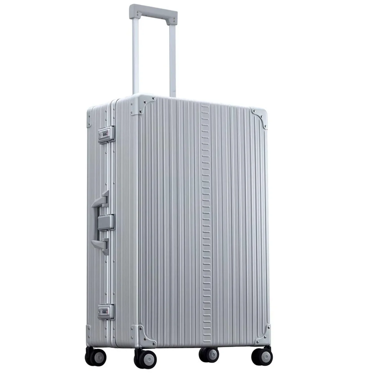 Silver aluminium checked suitcase with four double wheels and telescoping handle
