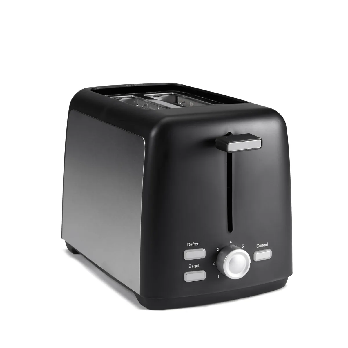 Black two-slice toaster with wide slots, silver accents and illuminated buttons
