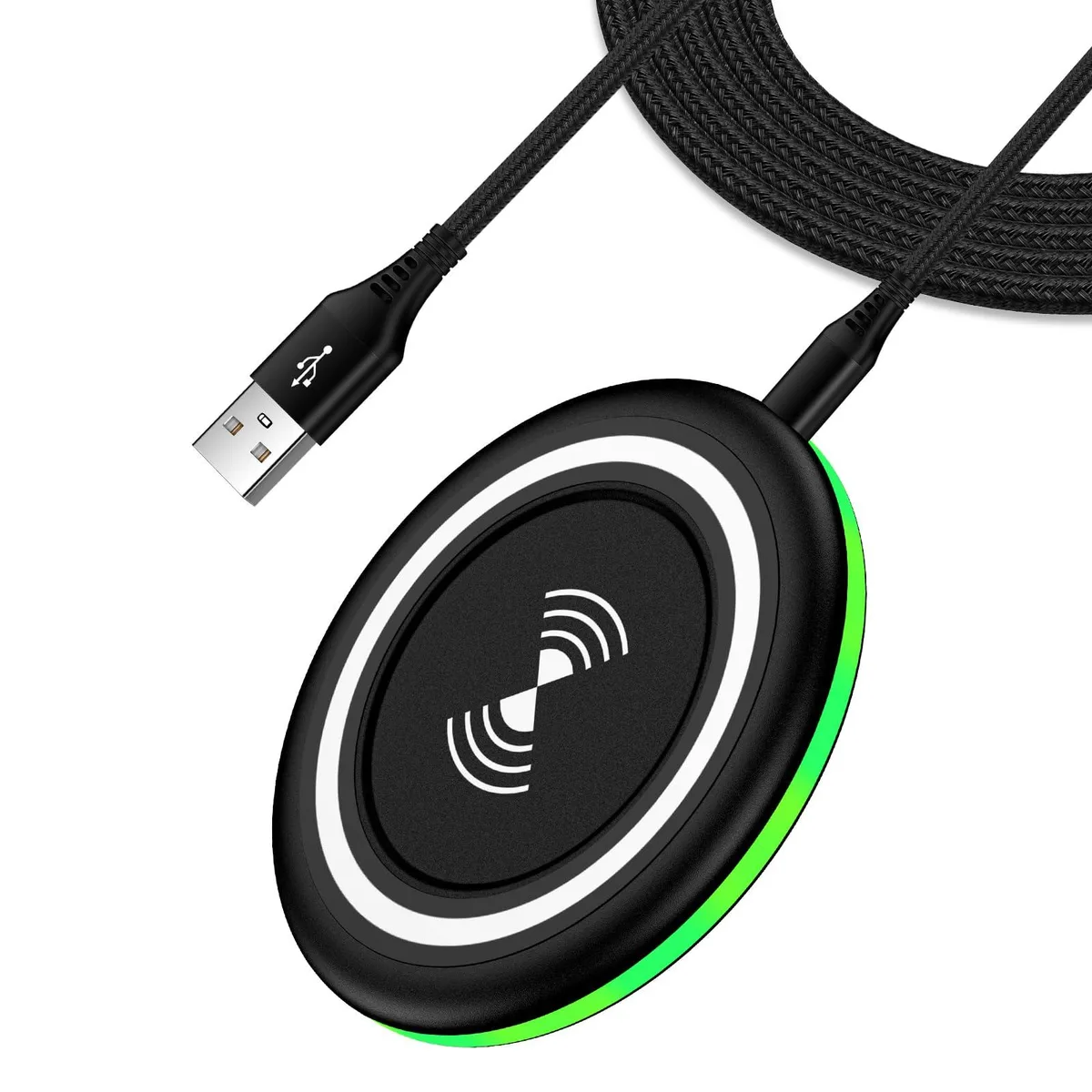 Flat circular charging pad with smooth dark surface and subtle branding