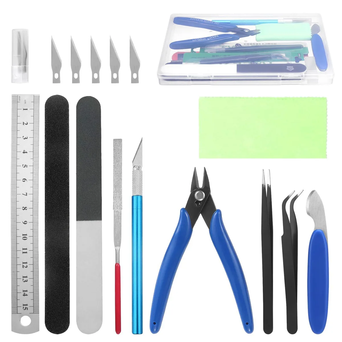 Compact plastic case holding 11 metal and plastic modelling tools