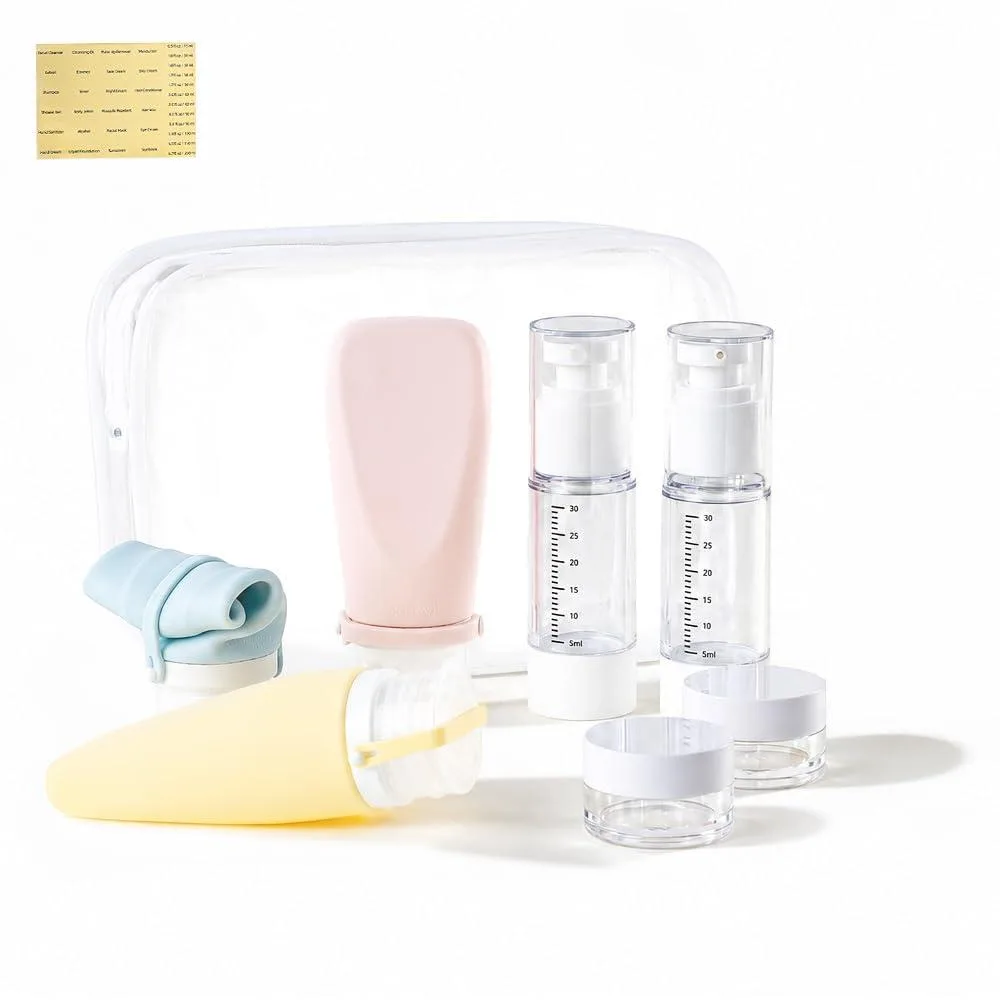 Four blue squeeze bottles with caps in a clear bag